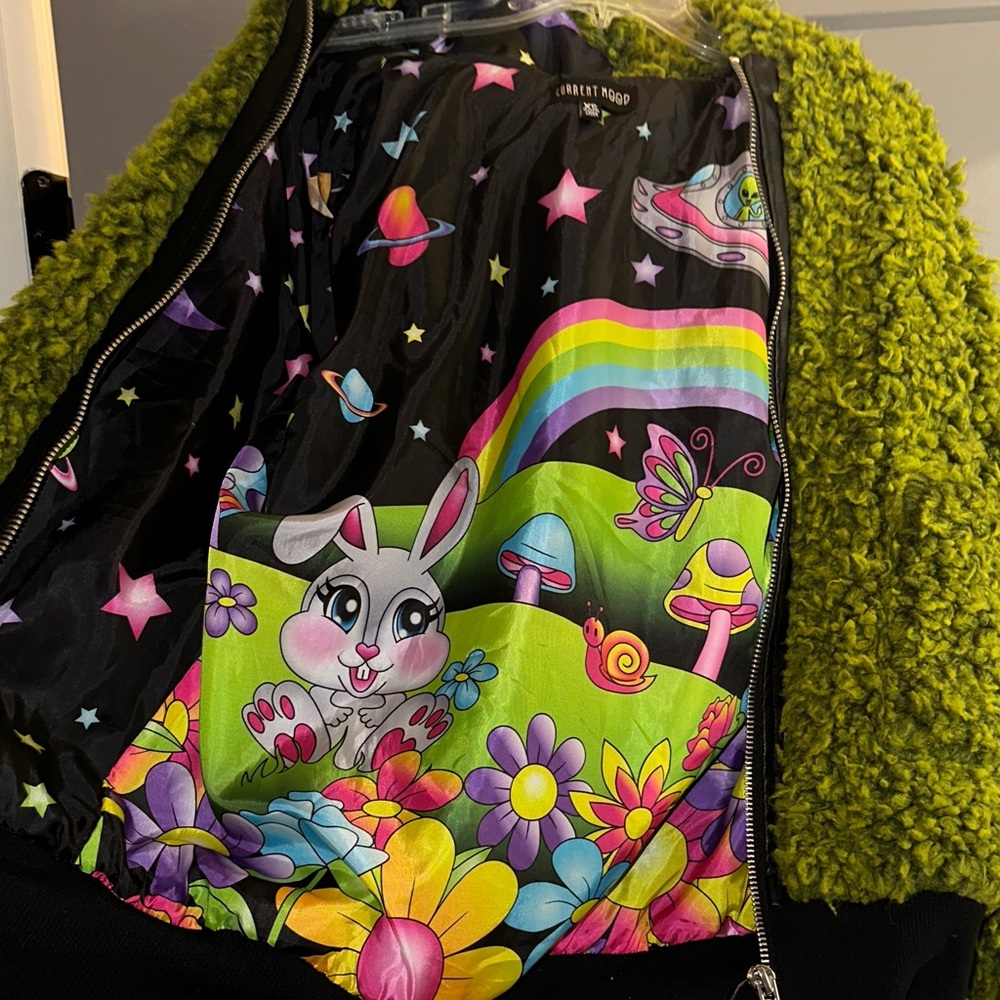 Current Mood Green Sherpa Jacket Colorful Bunny Mushroom Alien Flower Lining